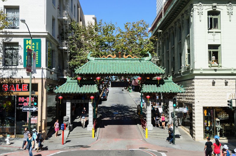 SanFrancisco100313-8910.jpg - Looking North up Grant street at China Town Gate, view while the Hop-on Hop-off bus was on Grant