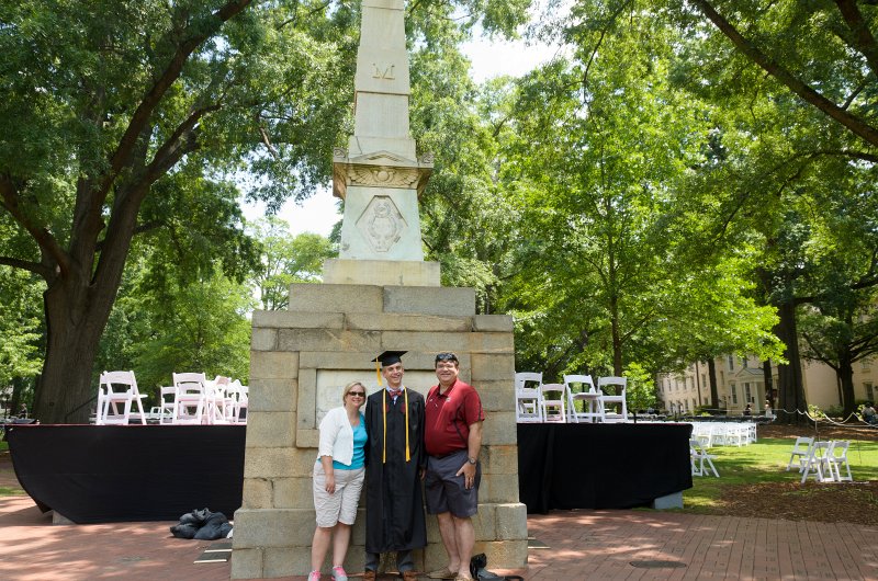 UofSCGraduation10May2013-6714.jpg - Cathie, Mike and Jack at Maxcy Monument