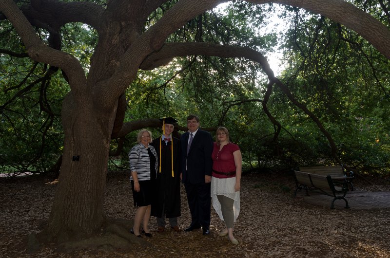 UofSCGraduation10May2013-6817.jpg - Cathie Mike Jack and Liz at trees near Rutledge College, Horseshoe