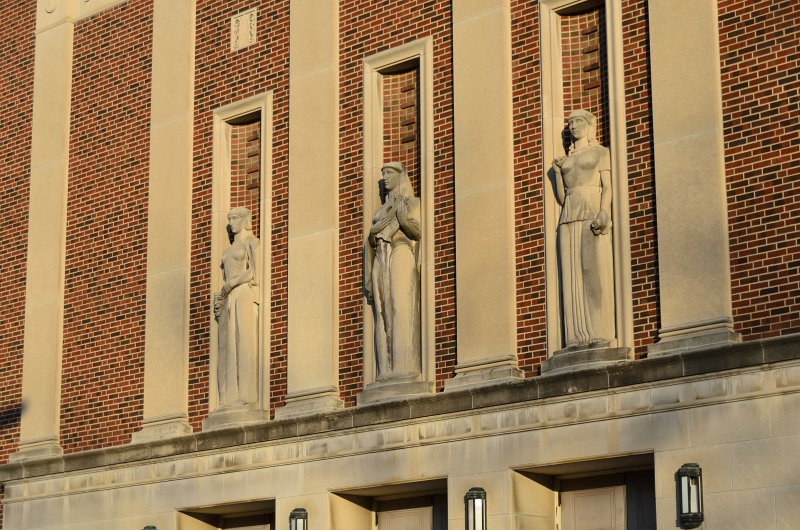 Purdue040513-6041.jpg - Sculptures representing drama, music and oration on the Elliott Hall of Music South side