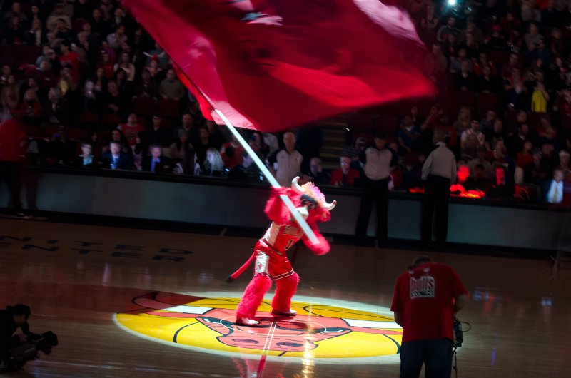 BullsVsPortland032814-0783-3.jpg - Benny the Bull, center court at the start of the game. Bulls vs Portland Trailblazers, United Center 3/28/14