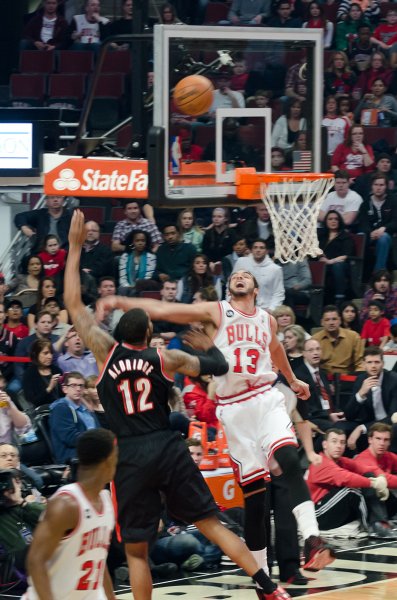 BullsVsPortland032814-0795-3.jpg - Noah and Aldridge. Bulls vs Portland Trailblazers, United Center 3/28/14