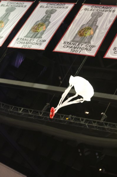 BullsVsPortland032814-0940-2.jpg - T-shirt parachutting down from the rafters. Bulls vs Portland Trailblazers, United Center 3/28/14