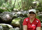 Cathie / Waterfall  Cathie at waterfall area. Hiking Rattle River section of Appalachian Trail in New Hampshire : 2014, AT, Appalachian Trail, Hiking, New Hampshire, Rattle River Trail, White Mountain National Forest