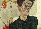 Egon Schiele self-portrait  Self-portrait with Physalis, painting by Egon Schiele, 1912.  Postcard from Leopold Museum, scan. : Austria, Egon Schiele, Leopold Museum, Vienna, Wien, postcard