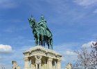 Budapest042715-2626  Szent István király / Saint Stephen equestrian statue in front of the Fisherman's Bastion near Matthias Church.   Bus tour of Budapest, including Matthias Church / Mátyás-templom and wine tasting at Domus Vinorum Borház : 2015, Budapest, Bus Tour