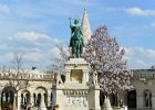 Budapest042715-2630  Szent István király / Saint Stephen equestrian statue in front of the Fisherman's Bastion near Matthias Church.   Bus tour of Budapest, including Matthias Church / Mátyás-templom and wine tasting at Domus Vinorum Borház : 2015, Budapest, Bus Tour