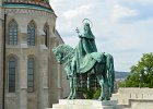 Budapest042715-2642  Szent István király / Saint Stephen equestrian statue in front of the Fisherman's Bastion near Matthias Church.   Bus tour of Budapest, including Matthias Church / Mátyás-templom and wine tasting at Domus Vinorum Borház : 2015, Budapest, Bus Tour