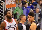 Devin Booker and Maurice Harkless  Devin Booker and Maurice Harkless. Phoenix Suns vs Portland Trailblazers basketball. : #SunsVsBlazers, 2018, AZ, Arizona, Basketball, NBA, Phoenix, Phoenix Suns, Portland vs Phoenix, Talking Stick Resort Arena