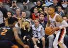 Elfrid Payton, Damian Lillard  Elfrid Payton, Damian Lillard. Phoenix Suns vs Portland Trailblazers basketball. : #SunsVsBlazers, 2018, AZ, Arizona, Basketball, NBA, Phoenix, Phoenix Suns, Portland vs Phoenix, Talking Stick Resort Arena